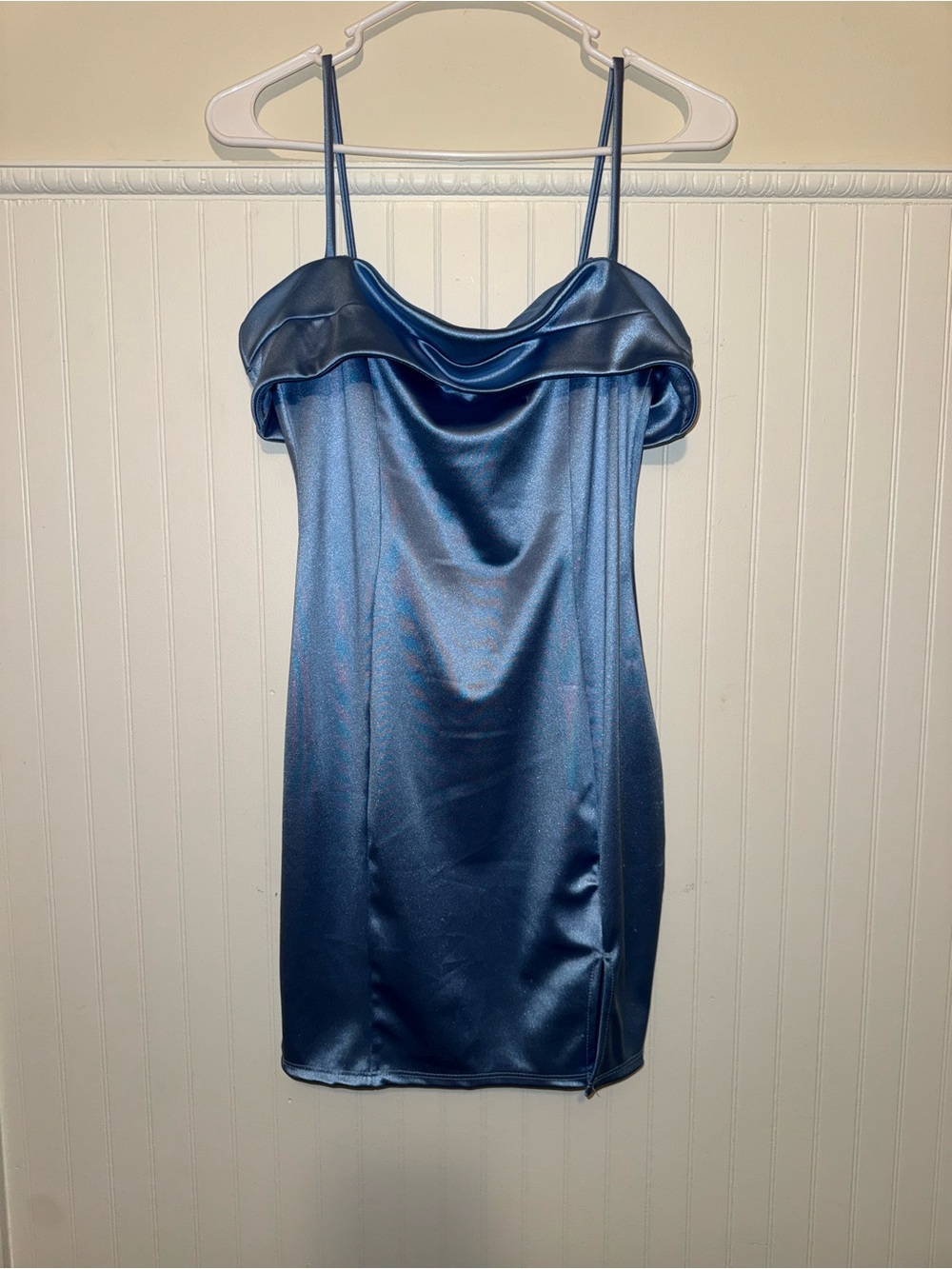 Windsor Slate Blue Satin Cowl Mini Dress